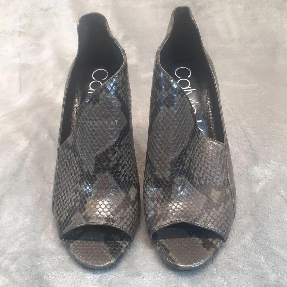 Calvin Klein Shoes Leather Sz 8.5 Black Pull On Stiletto Snake Booties Nastassia